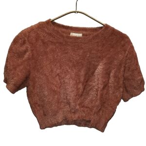 Altar'd State Fuzzy Eyelash Cropped Top Crew Neck Rust Soft Cozy Fall Textured M